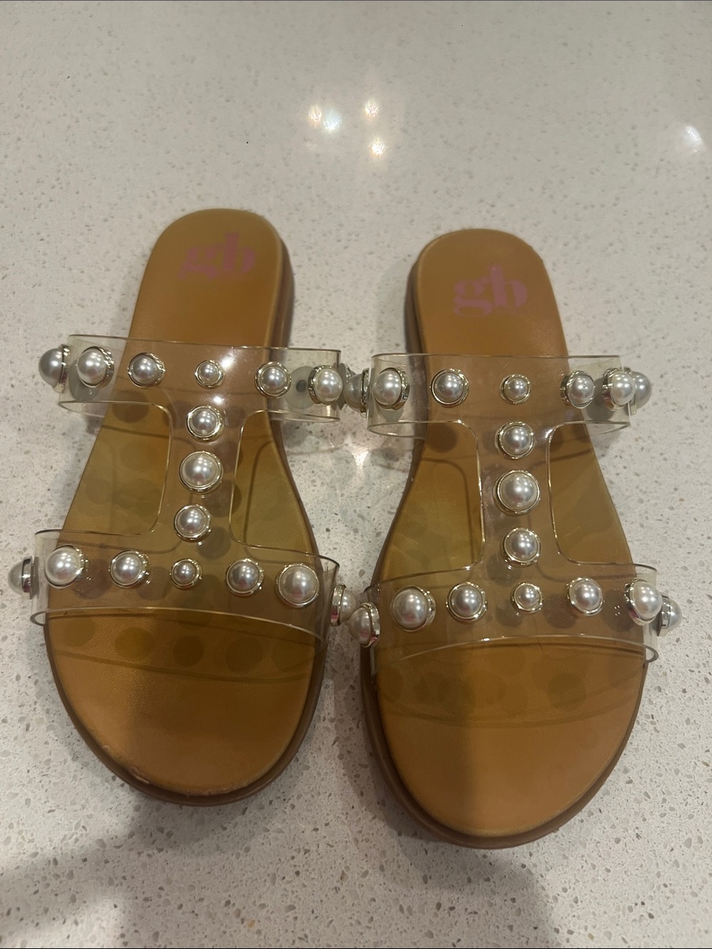 Gianni Bini Clear Pearl-Embellished Tan Slide Sandals